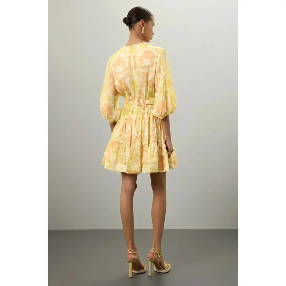 ALEXIS Capri Short Mini Dress Yellow Abstract Print 3/4 Sleeve, Size S, Rt. $598 - Picture 3 of 13